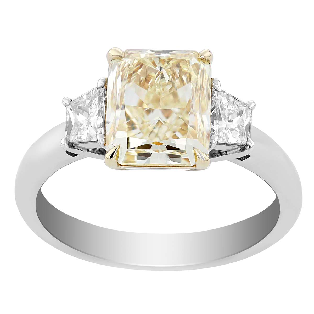 Radiant Fancy Yellow & White Diamond 3 Stone Engagement Ring in Platinum
