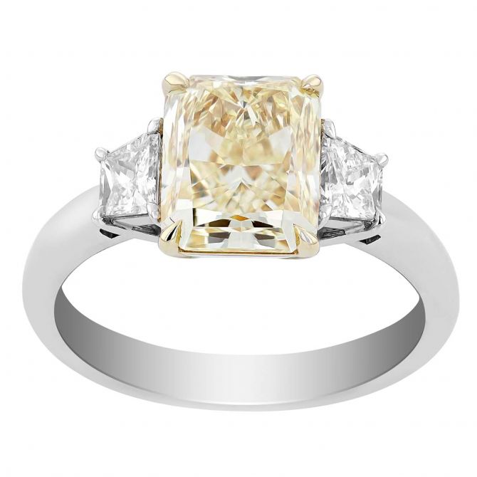 Radiant Fancy Yellow & White Diamond 3 Stone Engagement Ring in Platinum