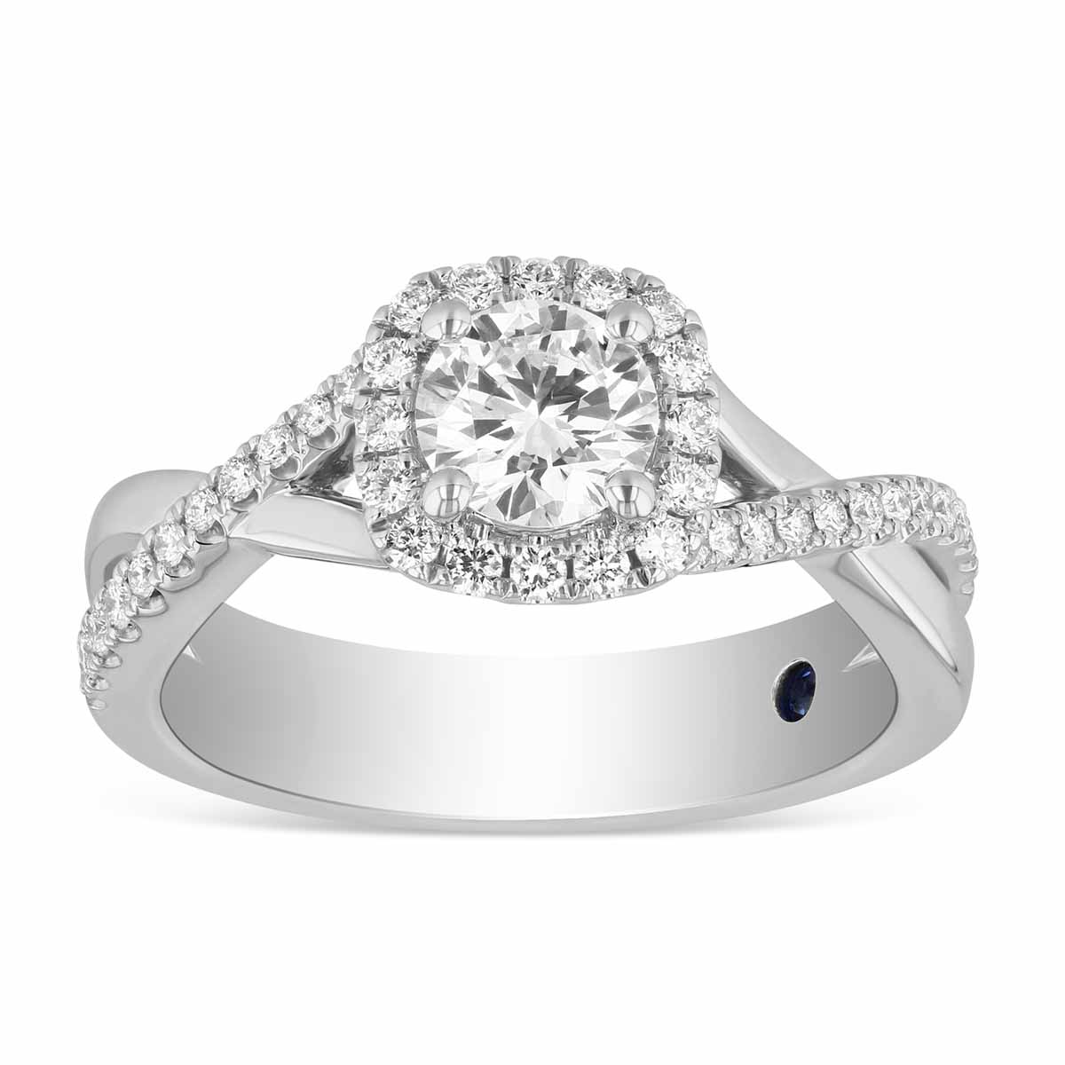 14K White Gold Round Diamond Halo Ring with Crossover Half Diamond Shank