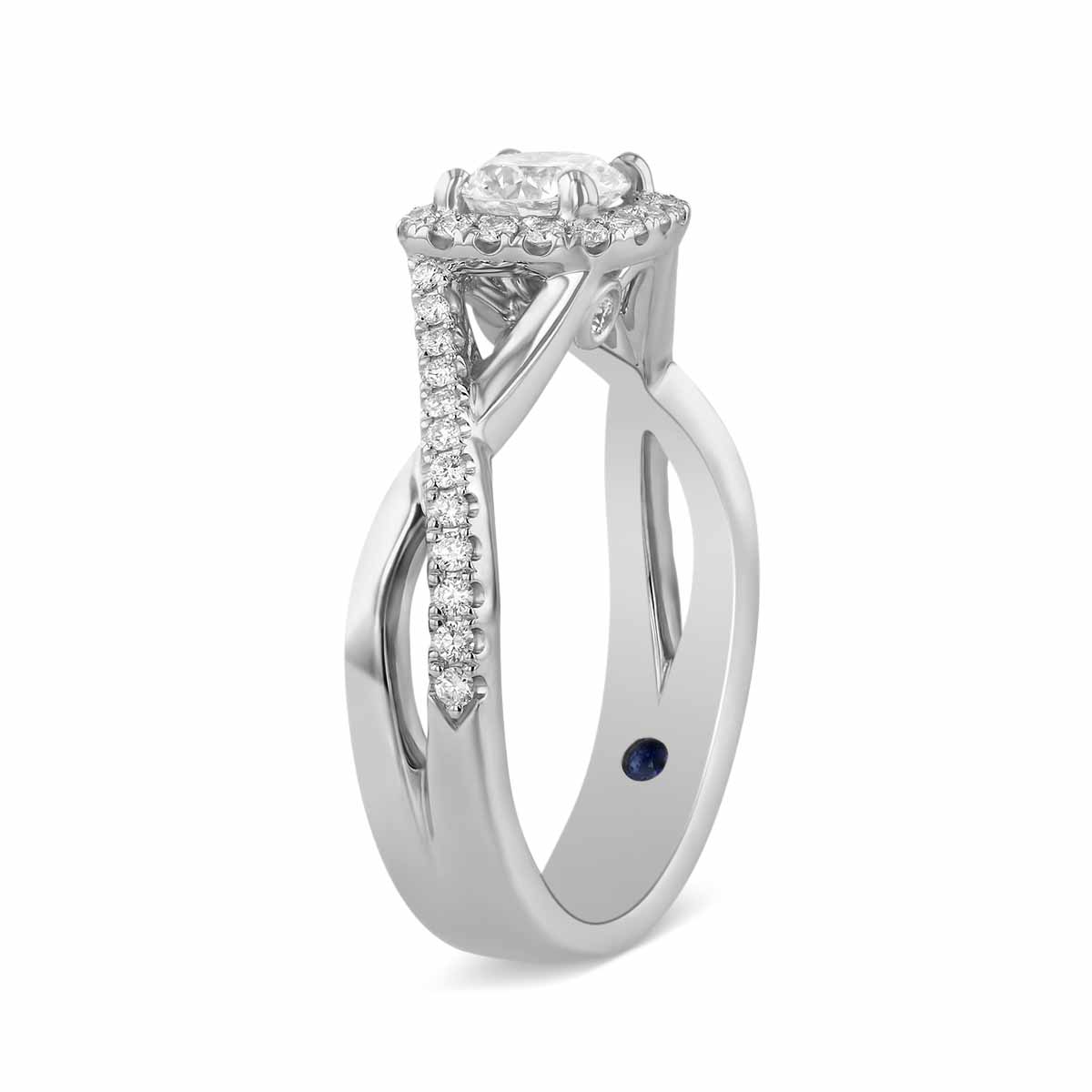 14K White Gold Round Diamond Halo Ring with Crossover Half Diamond Shank