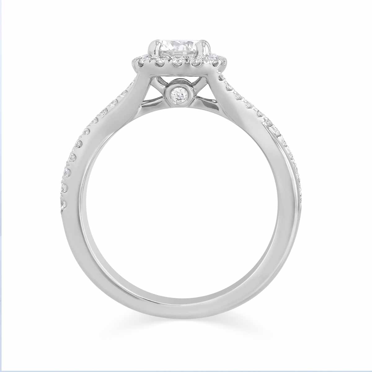 14K White Gold Round Diamond Halo Ring with Crossover Half Diamond Shank