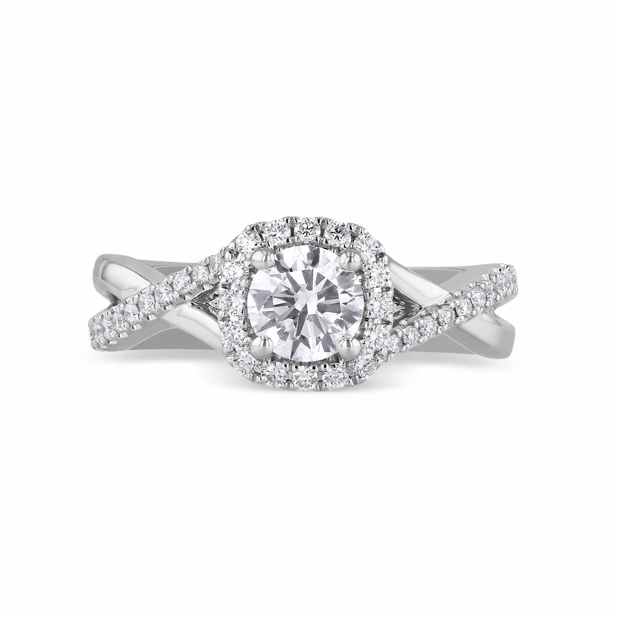 14K White Gold Round Diamond Halo Ring with Crossover Half Diamond Shank