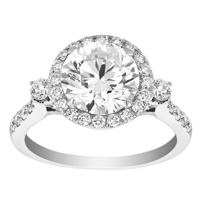 Round Diamond Halo Engagement Ring with Side Stones in White Gold