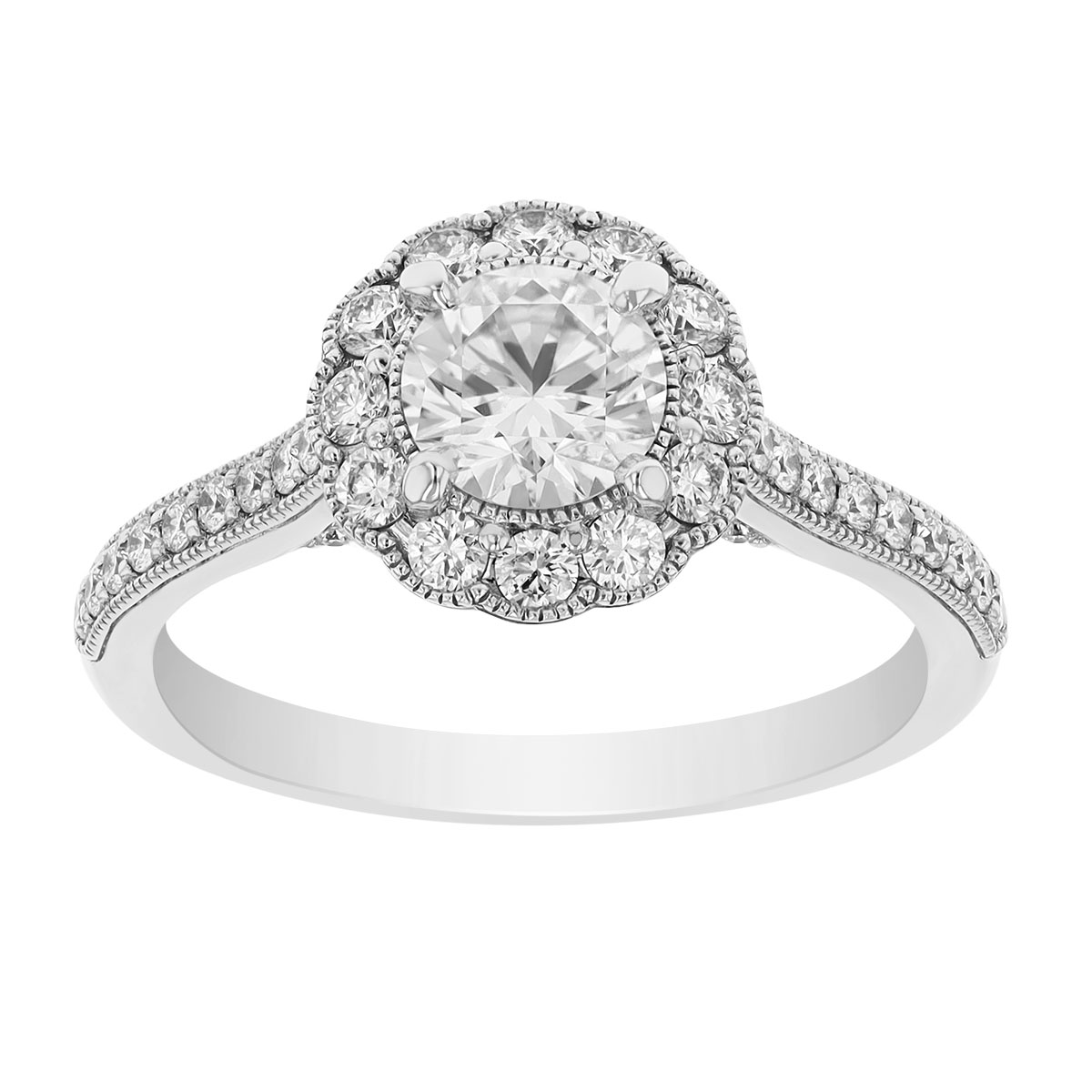 Diamond Floral Halo Engagement Ring with Side Stones & Milgrain in White Gold, 1.21 ct