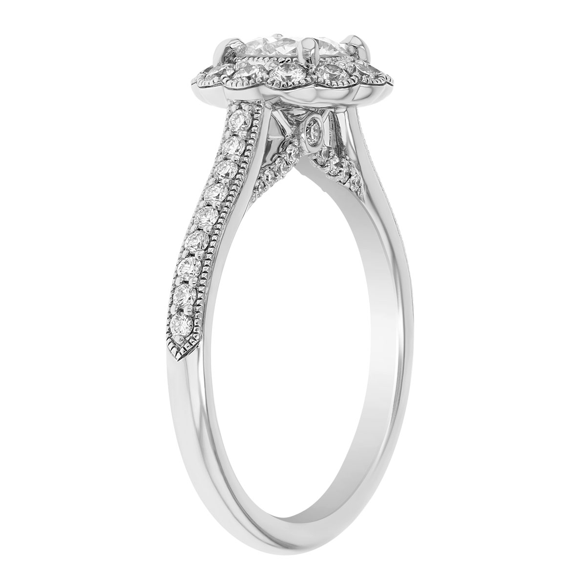 Diamond Floral Halo Engagement Ring with Side Stones & Milgrain in White Gold, 1.21 ct