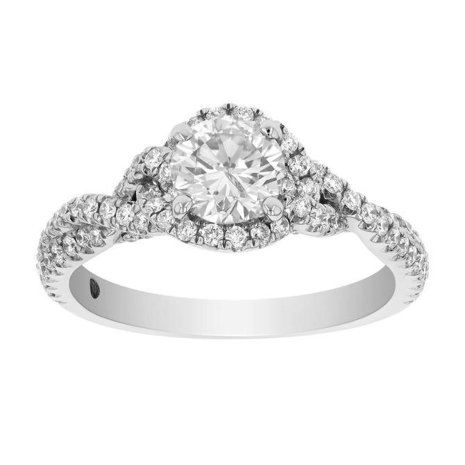 Round Diamond & Halo Twisted Band Engagement Ring in White Gold