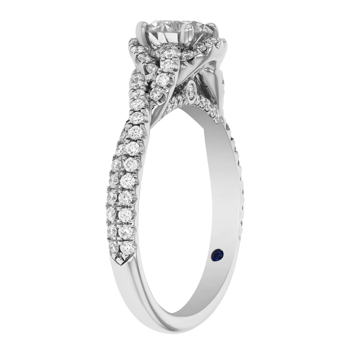 Round Diamond & Halo Twisted Band Engagement Ring in White Gold