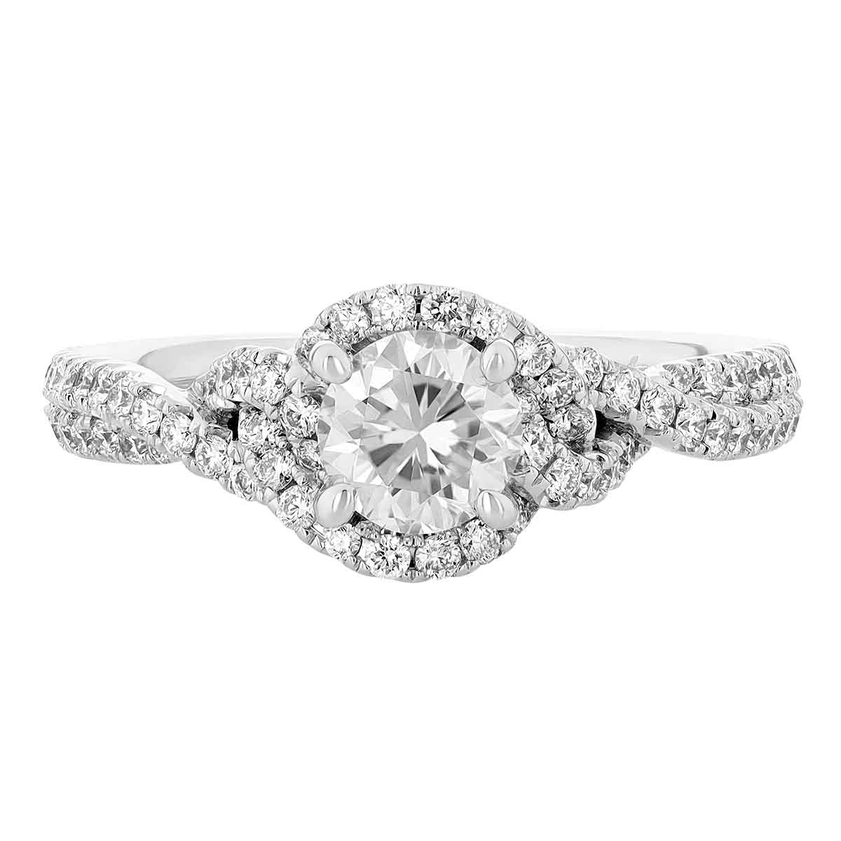 Diamond Halo & Twist Engagement Ring in White Gold