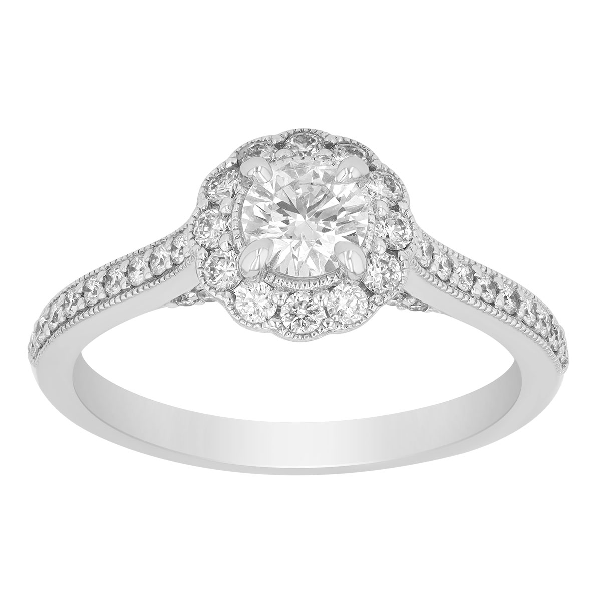 Diamond Floral Halo Engagement Ring with Side Stones & Milgrain in White Gold, 0.81 ct