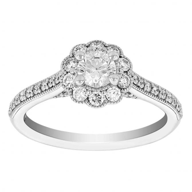 Diamond Floral Halo Engagement Ring with Side Stones & Milgrain in White Gold, 0.81 ct