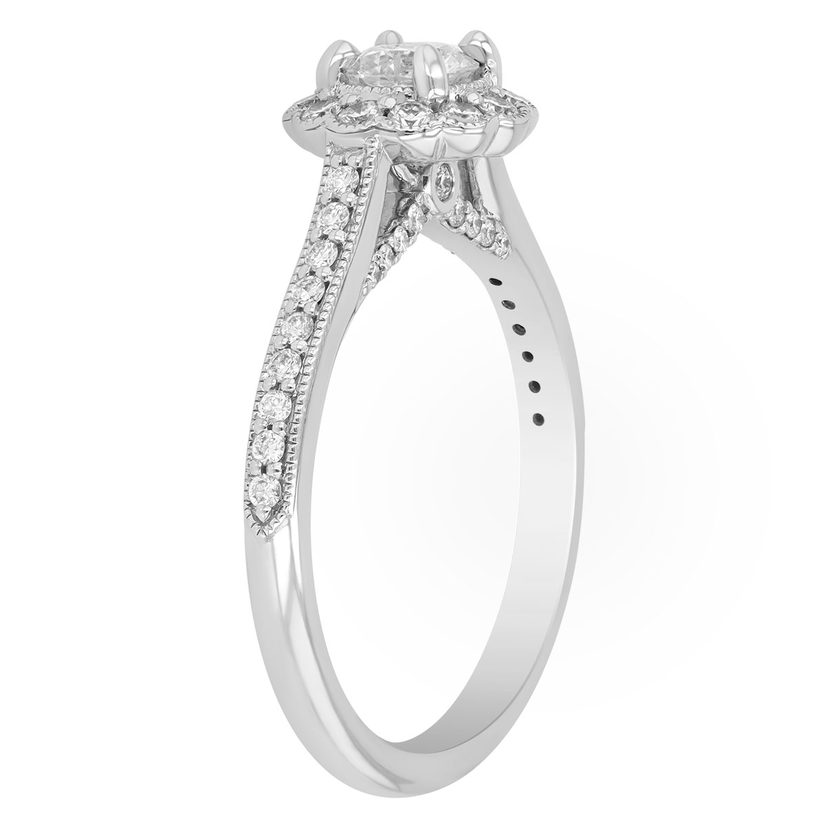 Diamond Floral Halo Engagement Ring with Side Stones & Milgrain in White Gold, 0.81 ct