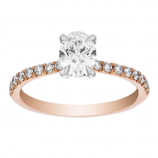 Borsheims Signature Oval Diamond Engagement Ring with Side Stones in Rose Gold, .75 ct