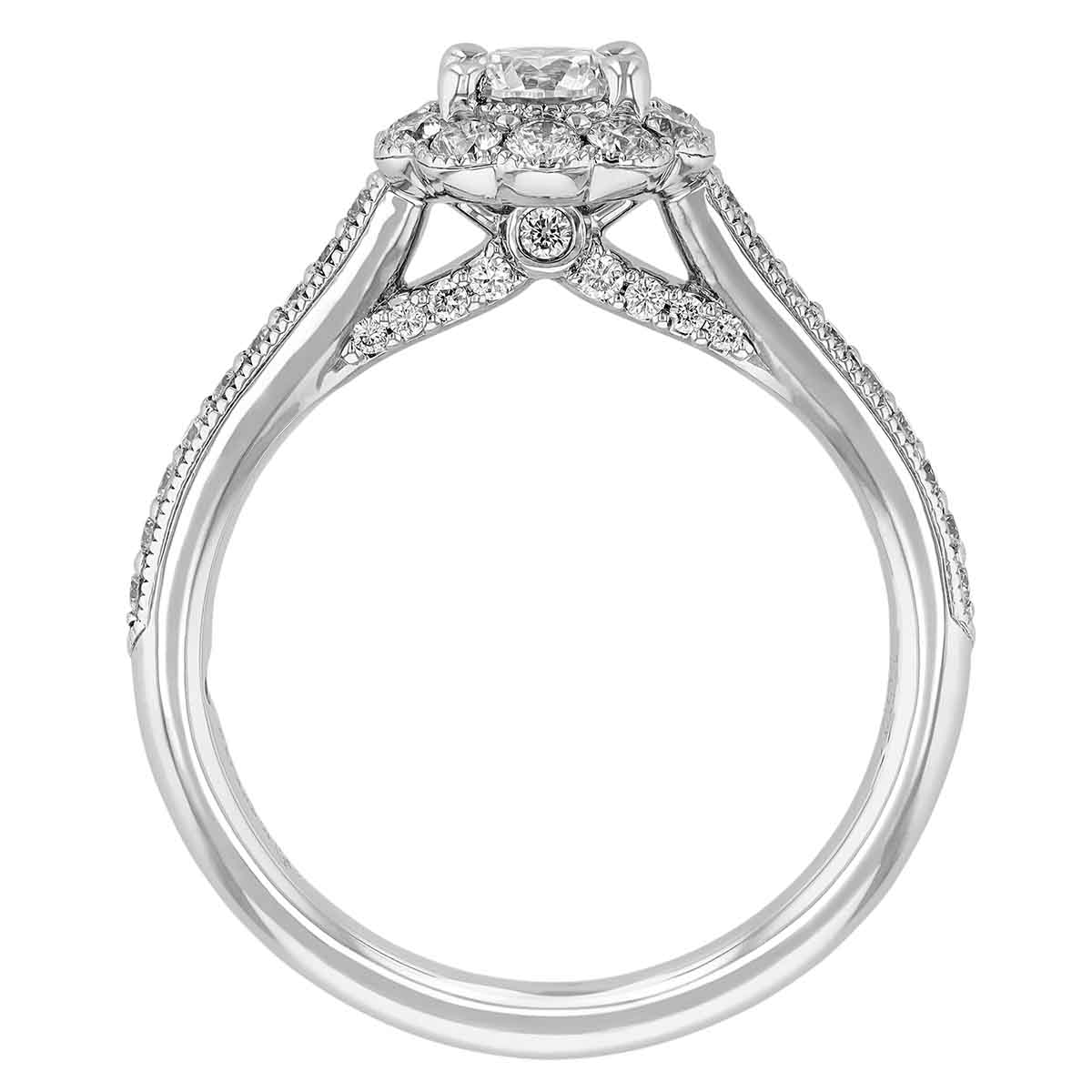 Diamond Floral Halo Engagement Ring with Side Stones & Milgrain in White Gold, 0.99 ct