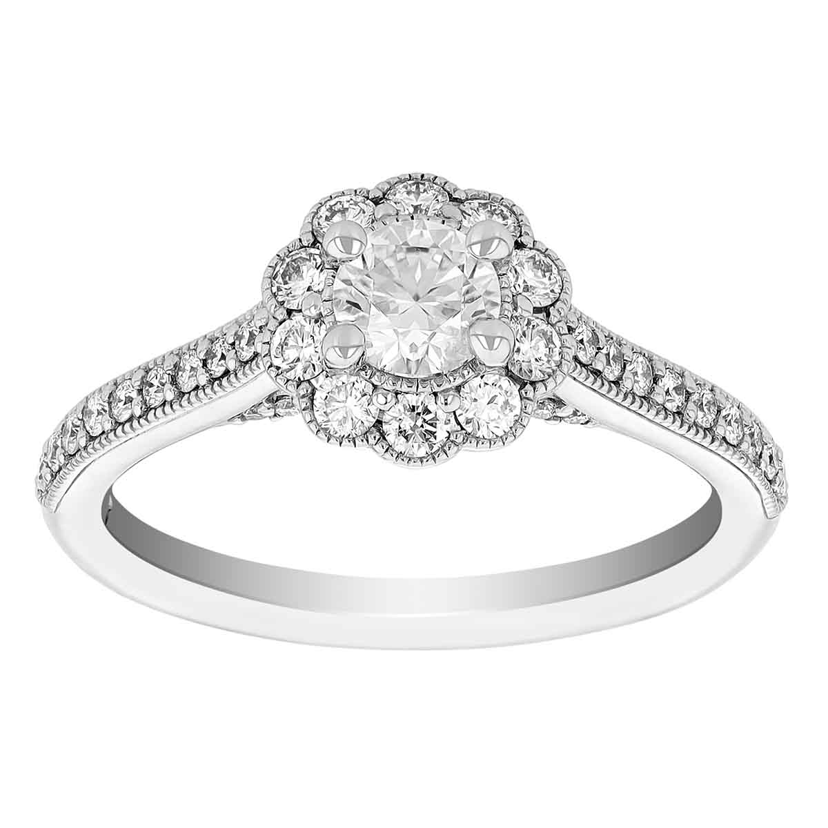 Diamond Floral Halo Engagement Ring with Side Stones & Milgrain in White Gold, 0.96 ct