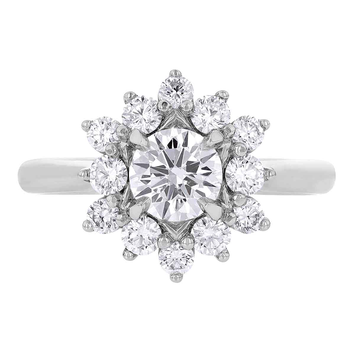 Diamond Floral Halo Engagement Ring in White Gold, SI1, 1.45 ct