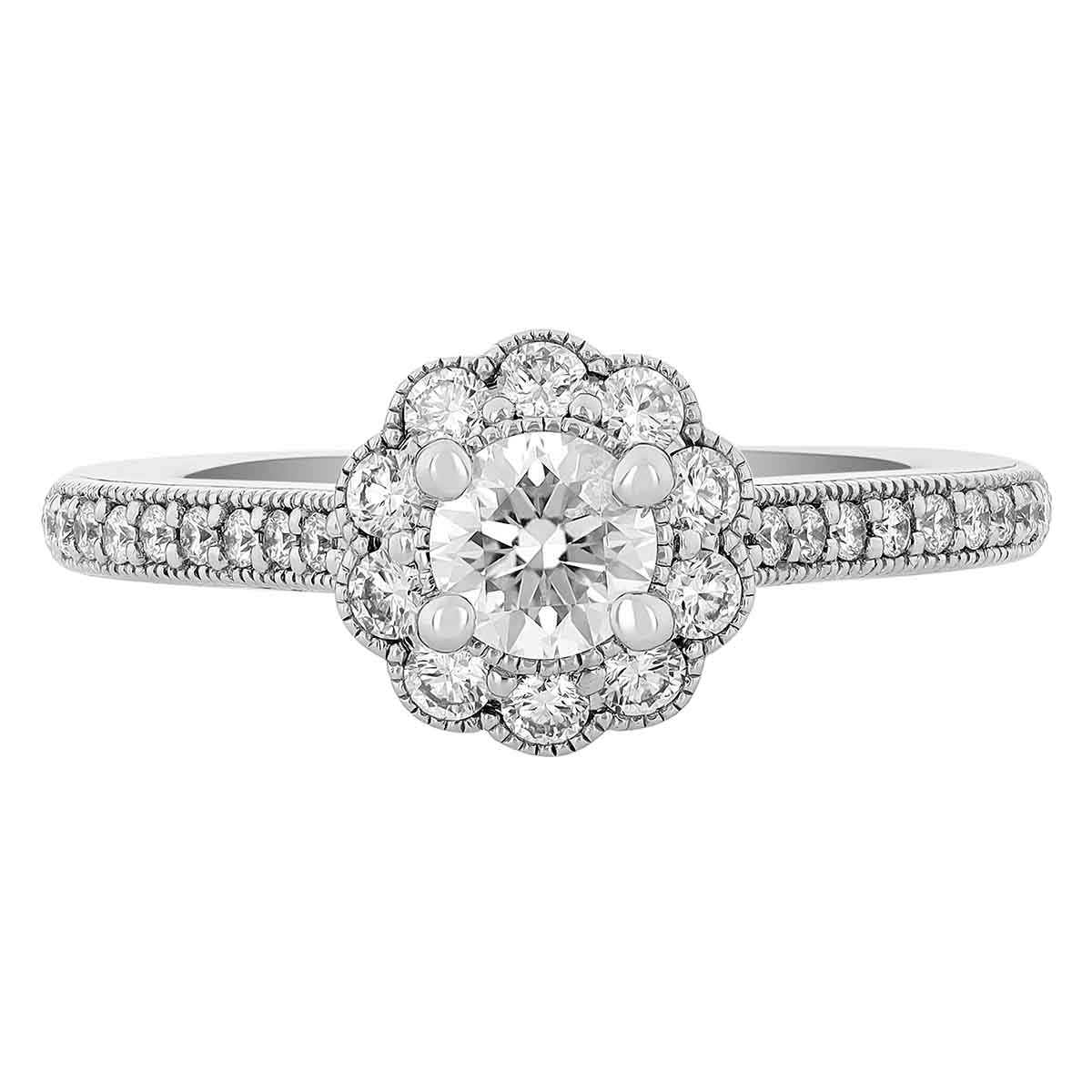 Diamond Floral Halo Engagement Ring with Side Stones & Milgrain in White Gold, 1.11 ct