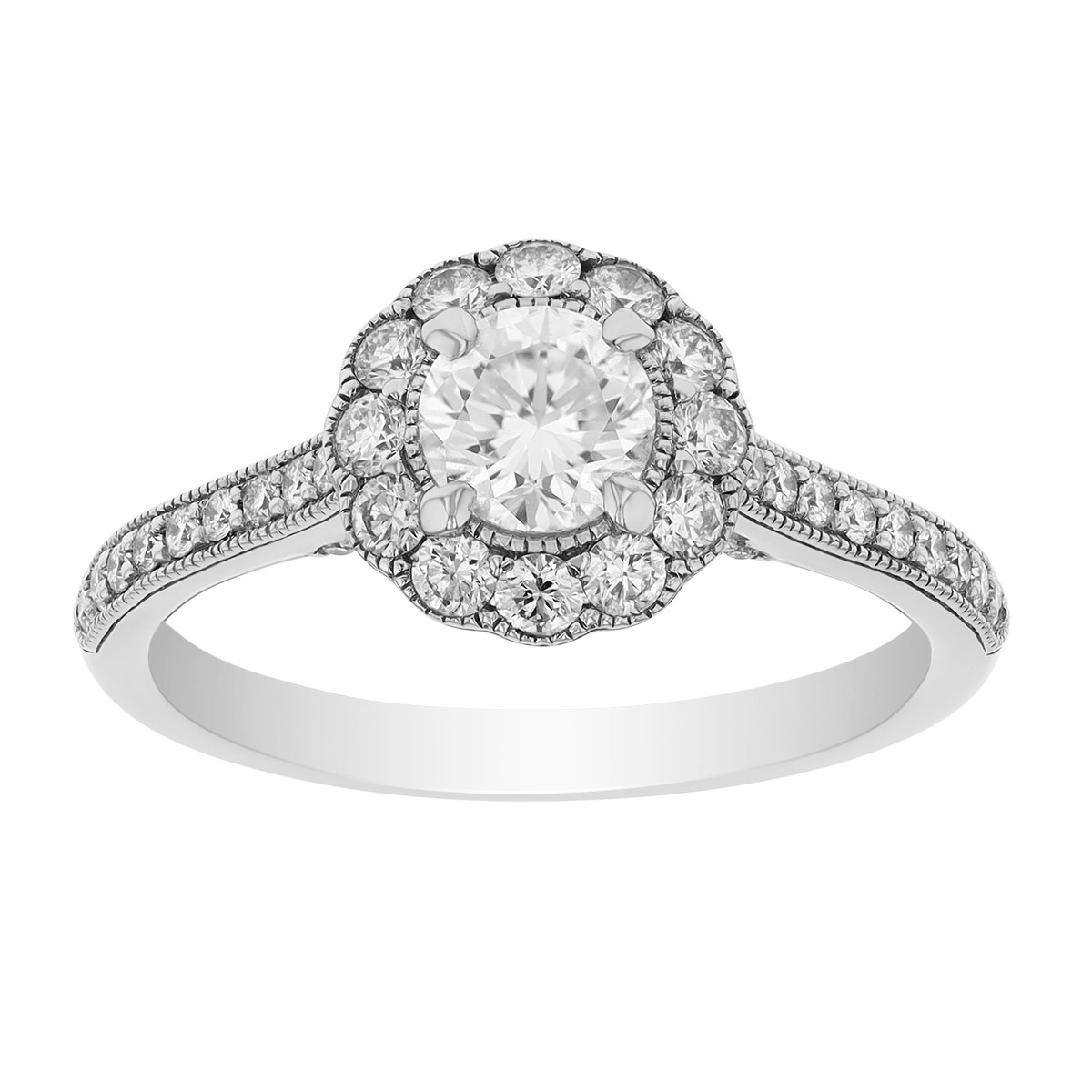 Diamond Floral Halo Engagement Ring with Side Stones & Milgrain in White Gold, 1.06 ct