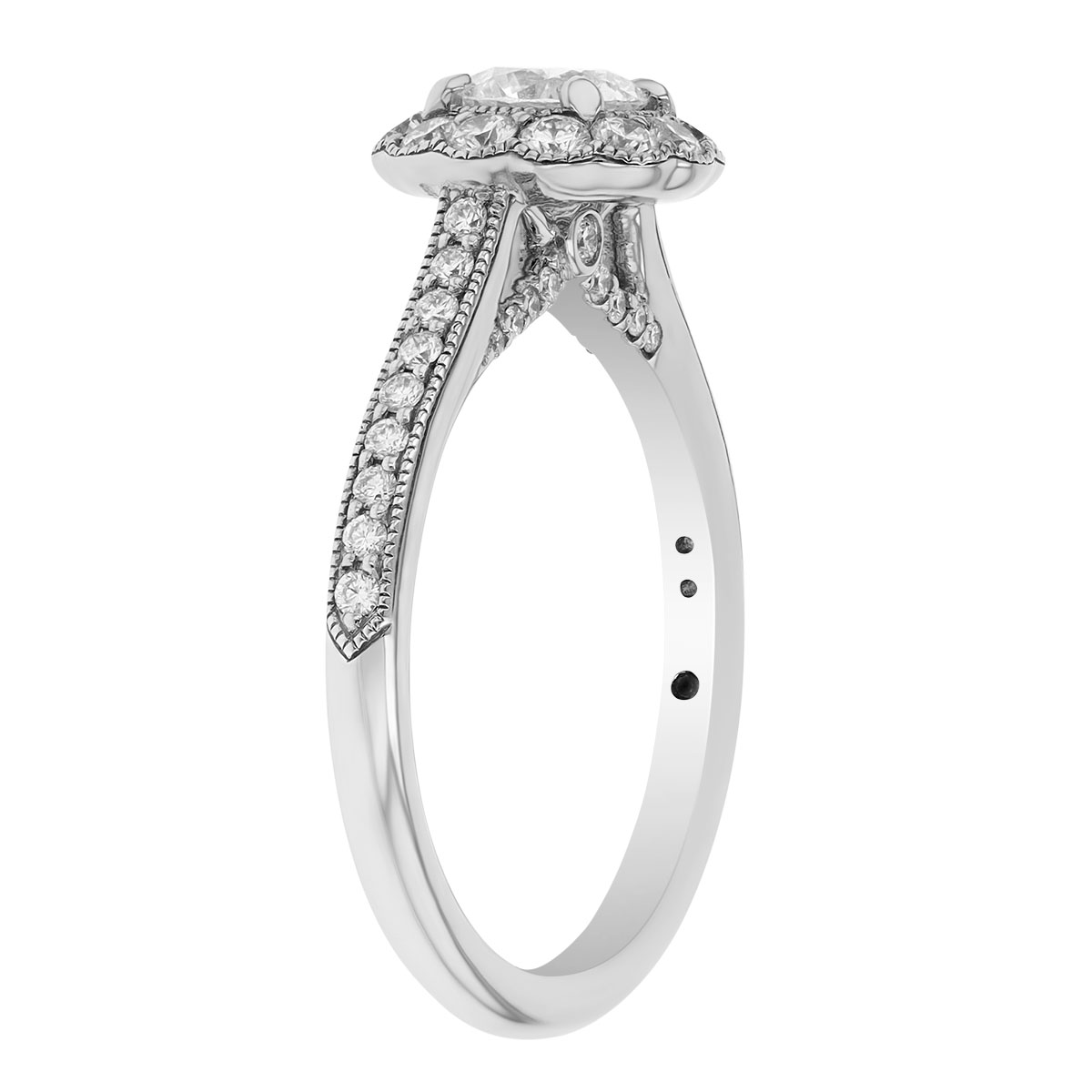 Diamond Floral Halo Engagement Ring with Side Stones & Milgrain in White Gold, 1.06 ct