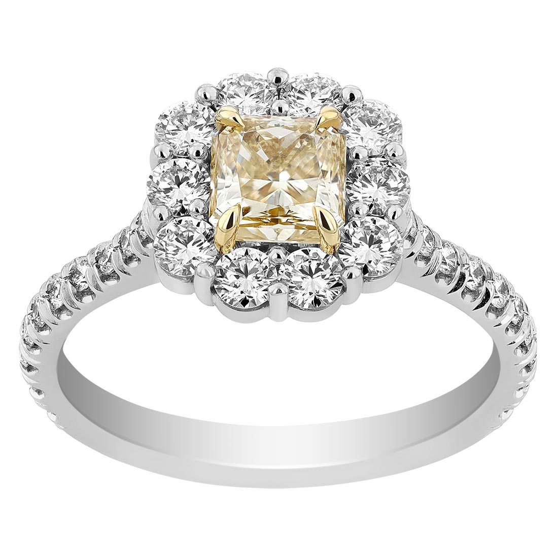 Radiant Fancy Yellow Diamond Engagement Ring with White Diamond Halo in Platinum
