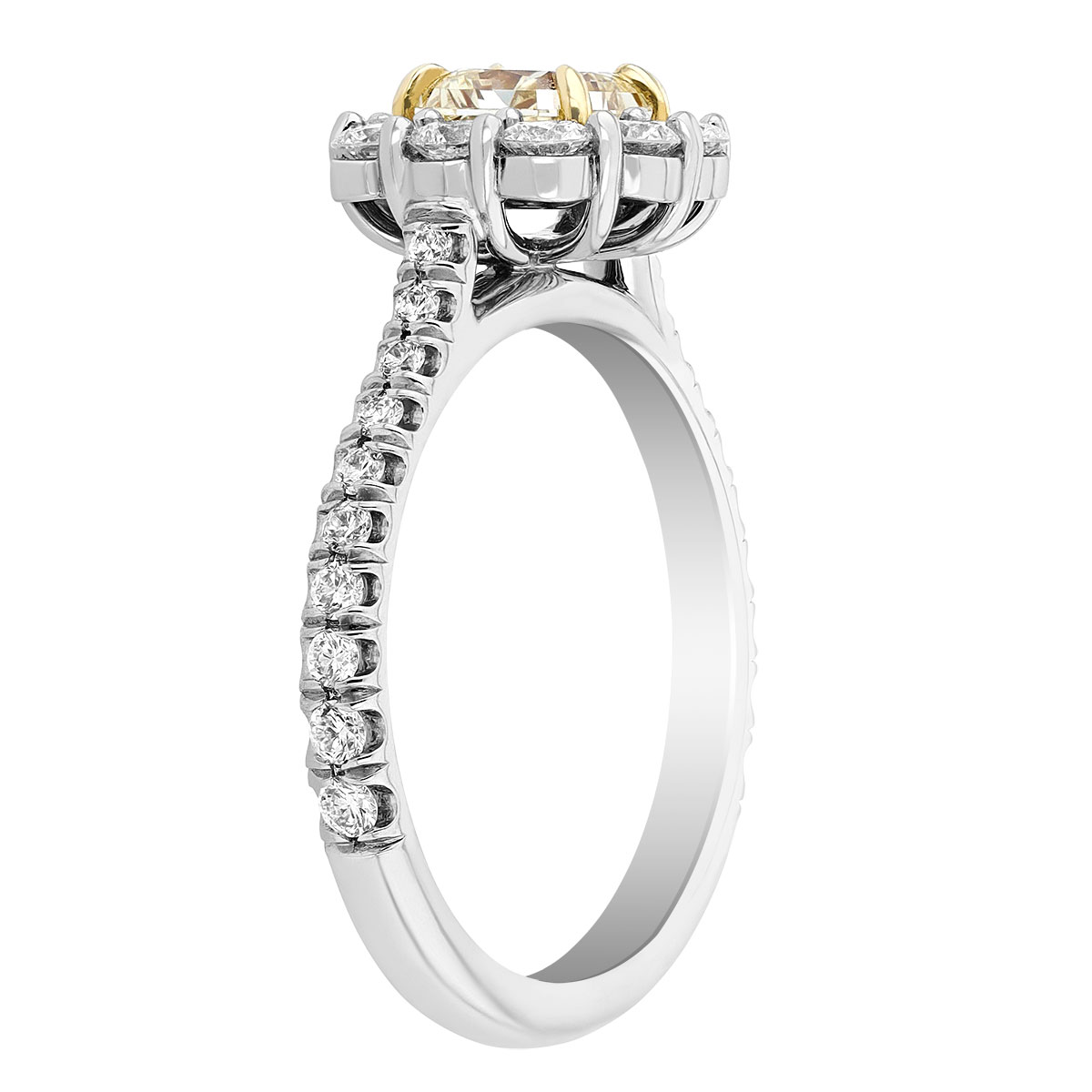Radiant Fancy Yellow Diamond Engagement Ring with White Diamond Halo in Platinum
