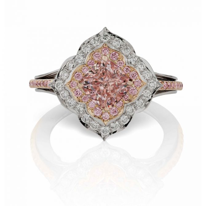 L.J. West Argyle Fancy Orangy Pink & White Diamond Arabesque Ring in Platinum & Rose Gold