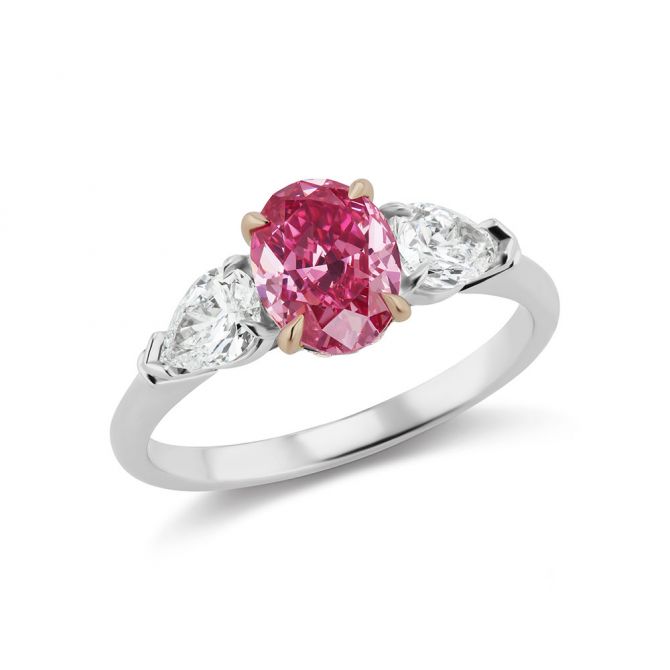 L.J. West Argyle Aurelia Oval Vivid Purplish Pink & White Diamond 3 Stone Ring in Platinum