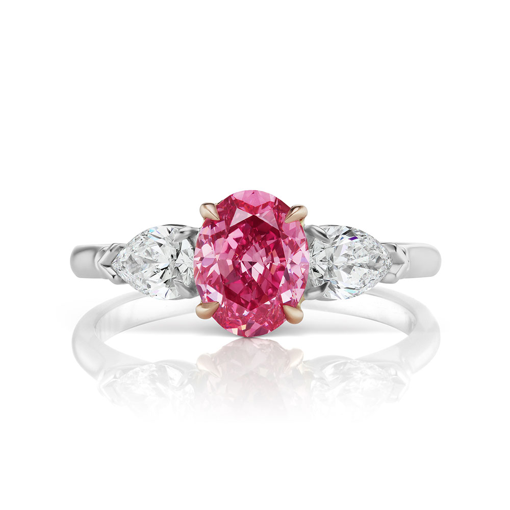L.J. West Argyle Aurelia Oval Vivid Purplish Pink & White Diamond 3 Stone Ring in Platinum