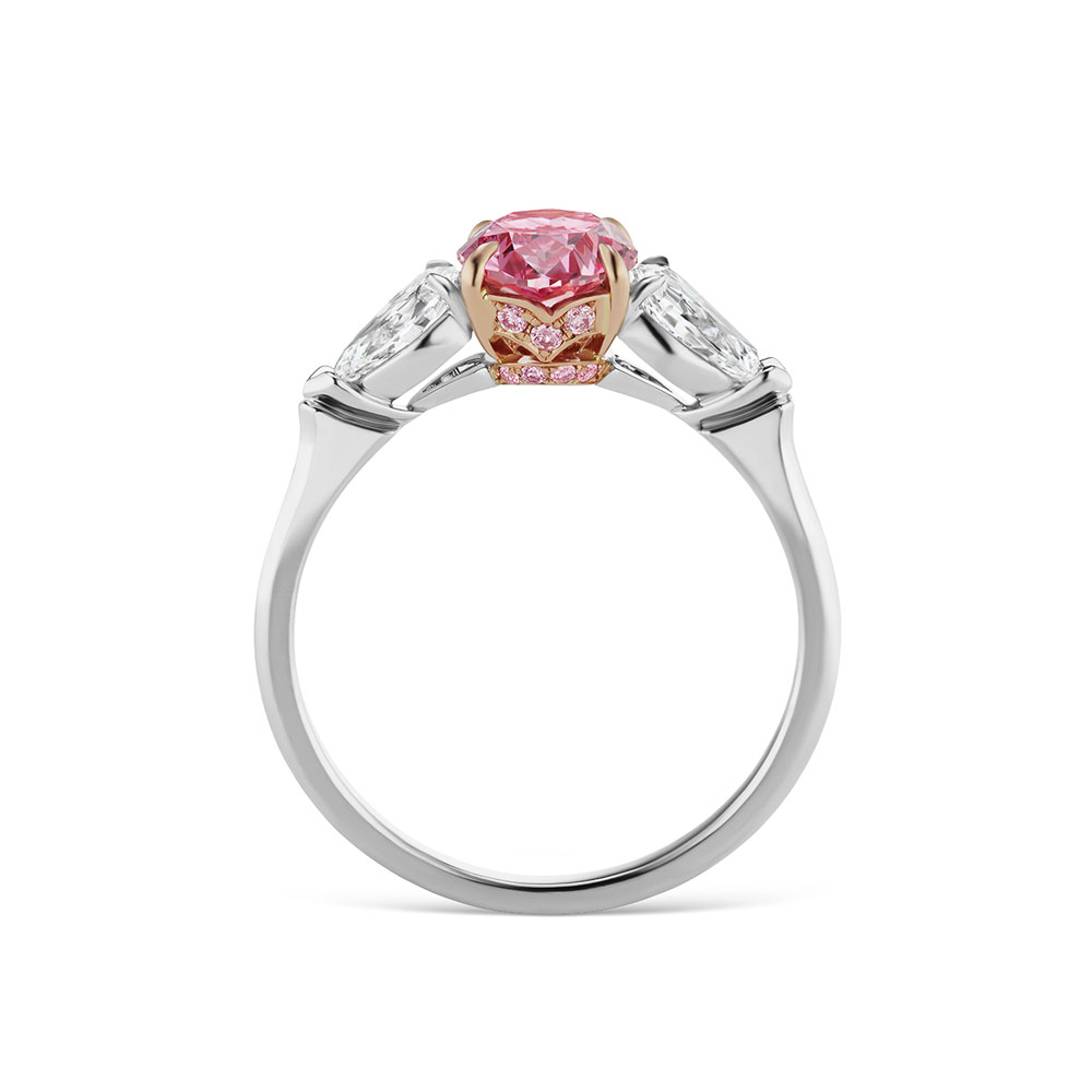 L.J. West Argyle Aurelia Oval Vivid Purplish Pink & White Diamond 3 Stone Ring in Platinum