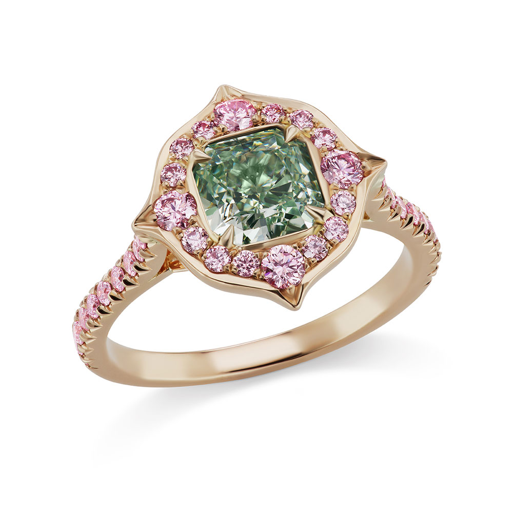 L.J. West Paradise Fancy Green & Argyle Fancy Pink Diamond Halo Ring in Rose Gold