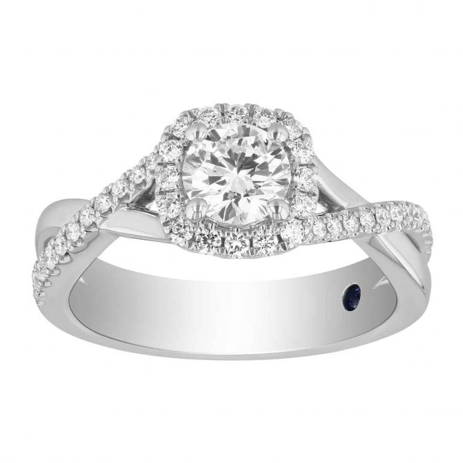 White Gold Round Diamond Halo Engagement Ring with Crossover Half Diamond Shank, 0.85 ct