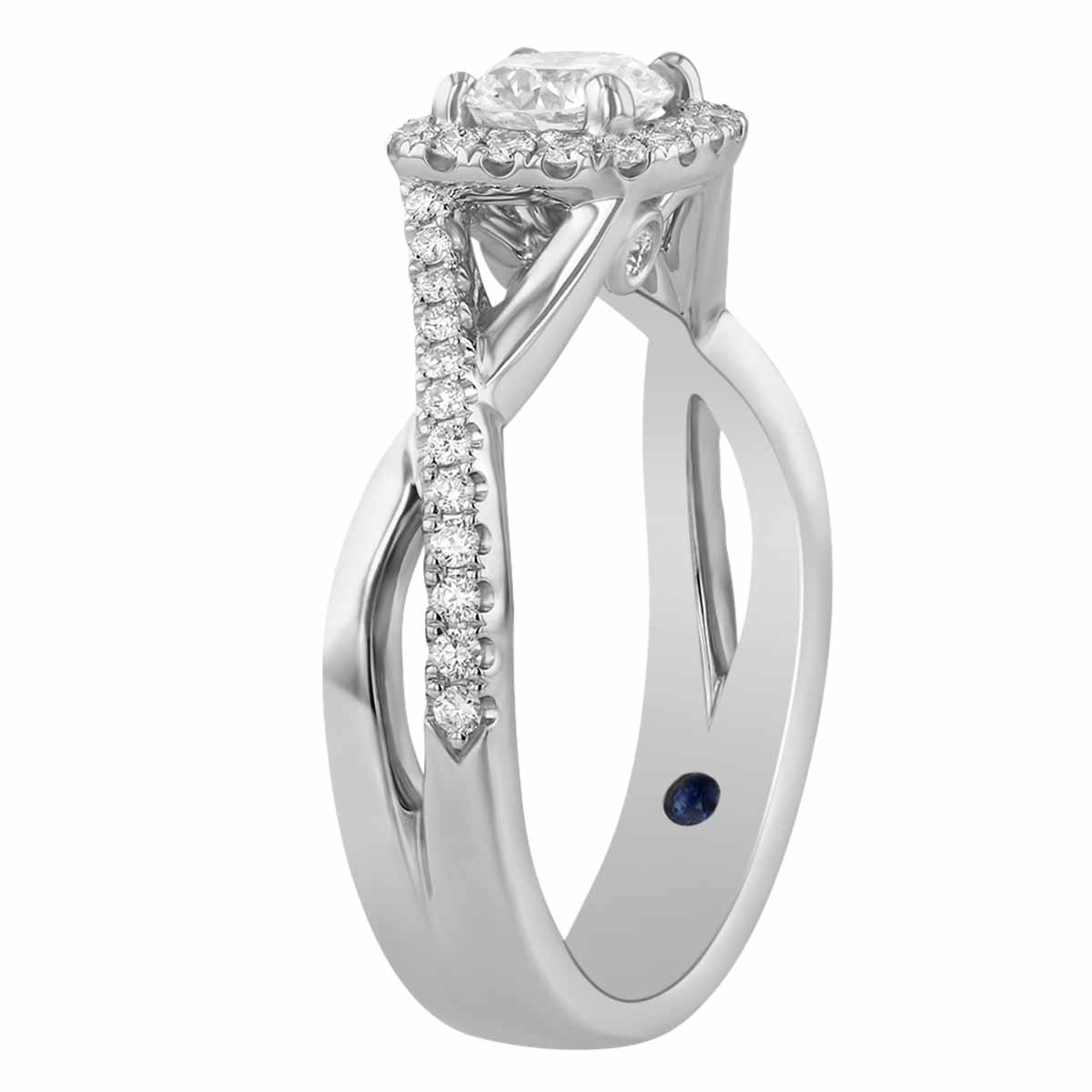 White Gold Round Diamond Halo Engagement Ring with Crossover Half Diamond Shank, 0.85 ct