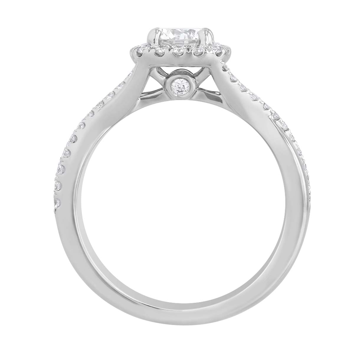 White Gold Round Diamond Halo Engagement Ring with Crossover Half Diamond Shank, 0.85 ct