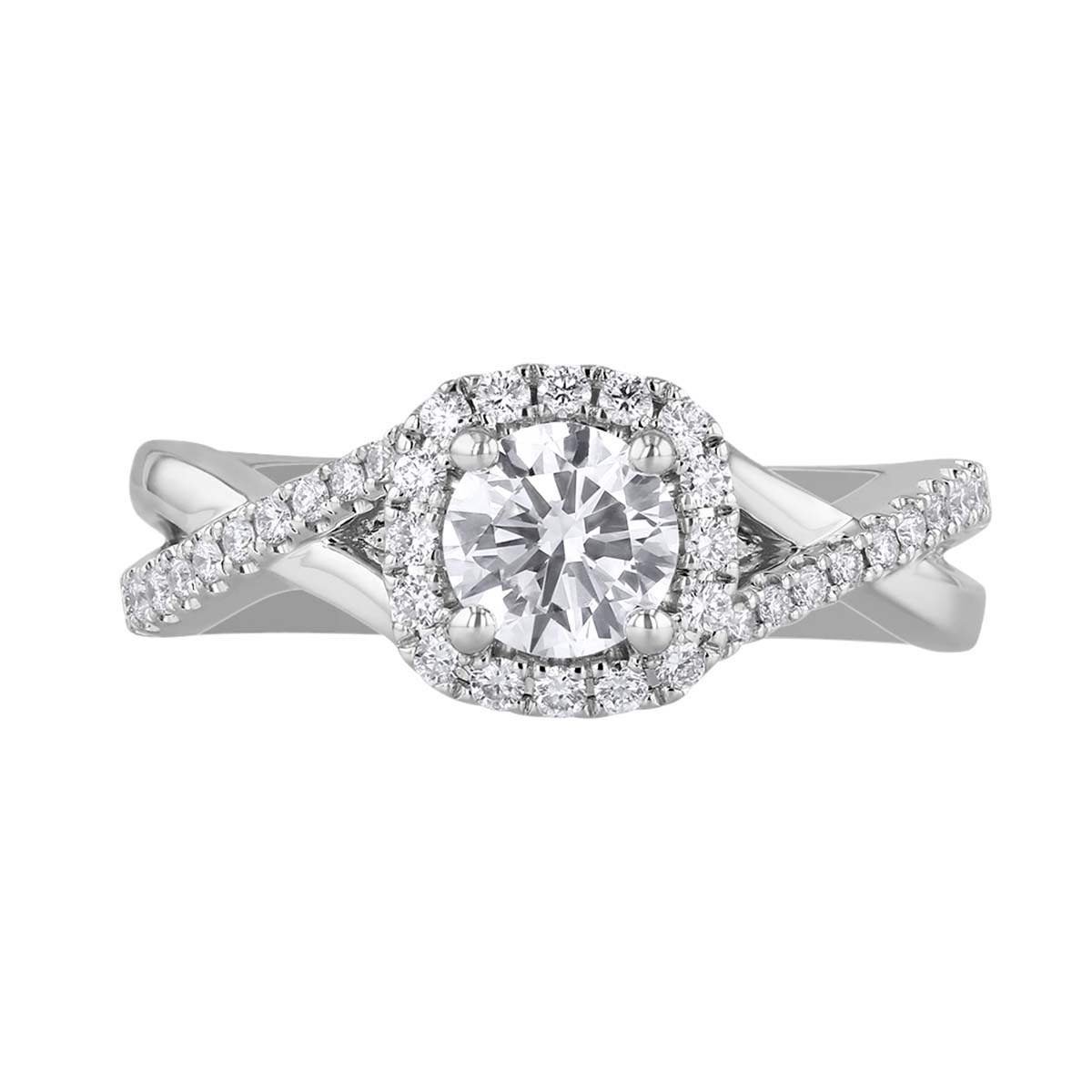 White Gold Round Diamond Halo Engagement Ring with Crossover Half Diamond Shank, 0.85 ct