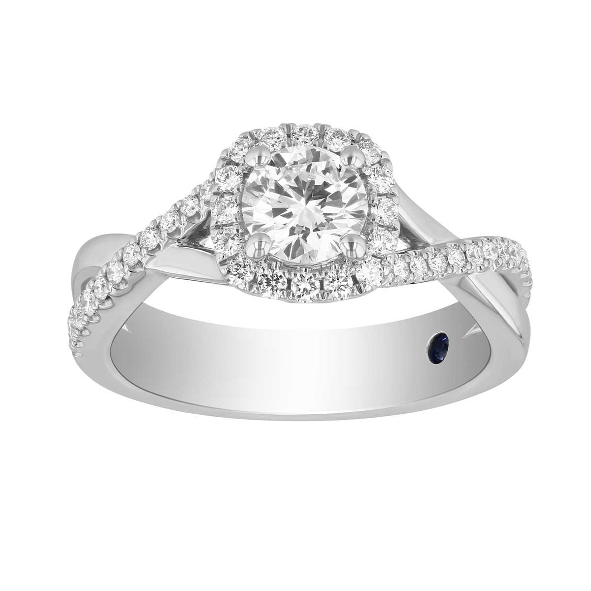 White Gold Round Diamond Halo Ring with Crossover Half Diamond Shank
