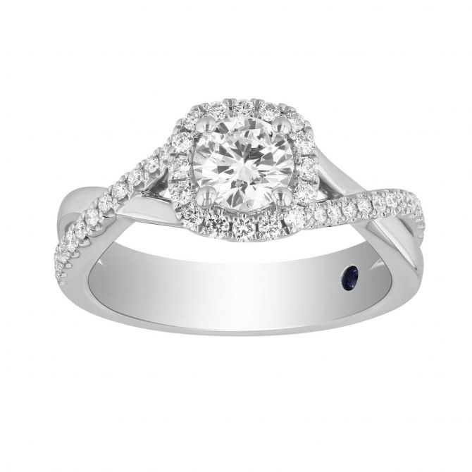 White Gold Round Diamond Halo Ring with Crossover Half Diamond Shank