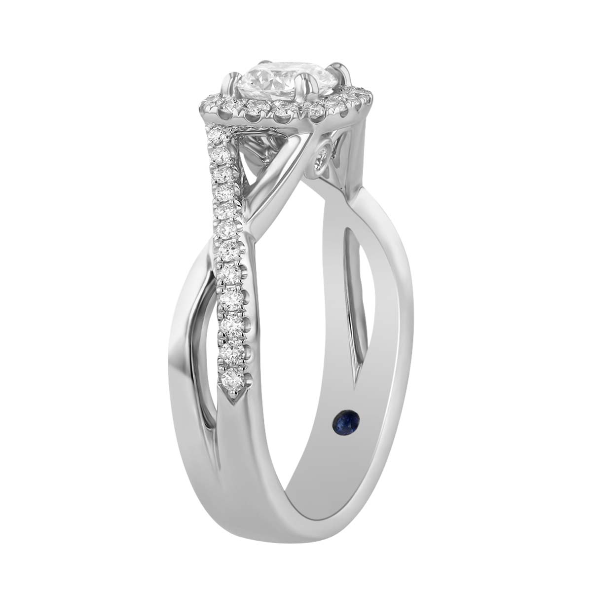 White Gold Round Diamond Halo Ring with Crossover Half Diamond Shank