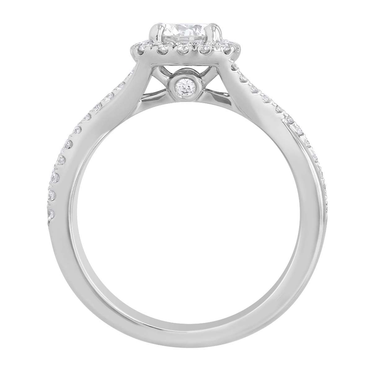 White Gold Round Diamond Halo Ring with Crossover Half Diamond Shank