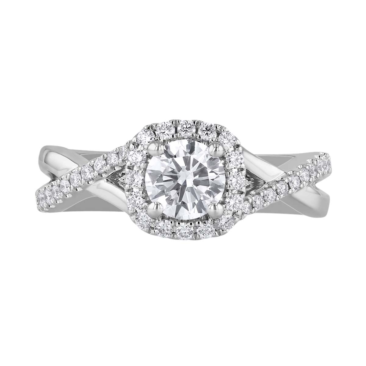 White Gold Round Diamond Halo Ring with Crossover Half Diamond Shank