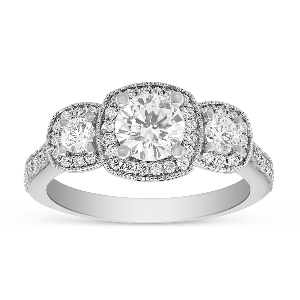 White Gold Diamond 3 Stone Milgrain Cushion Halo Ring