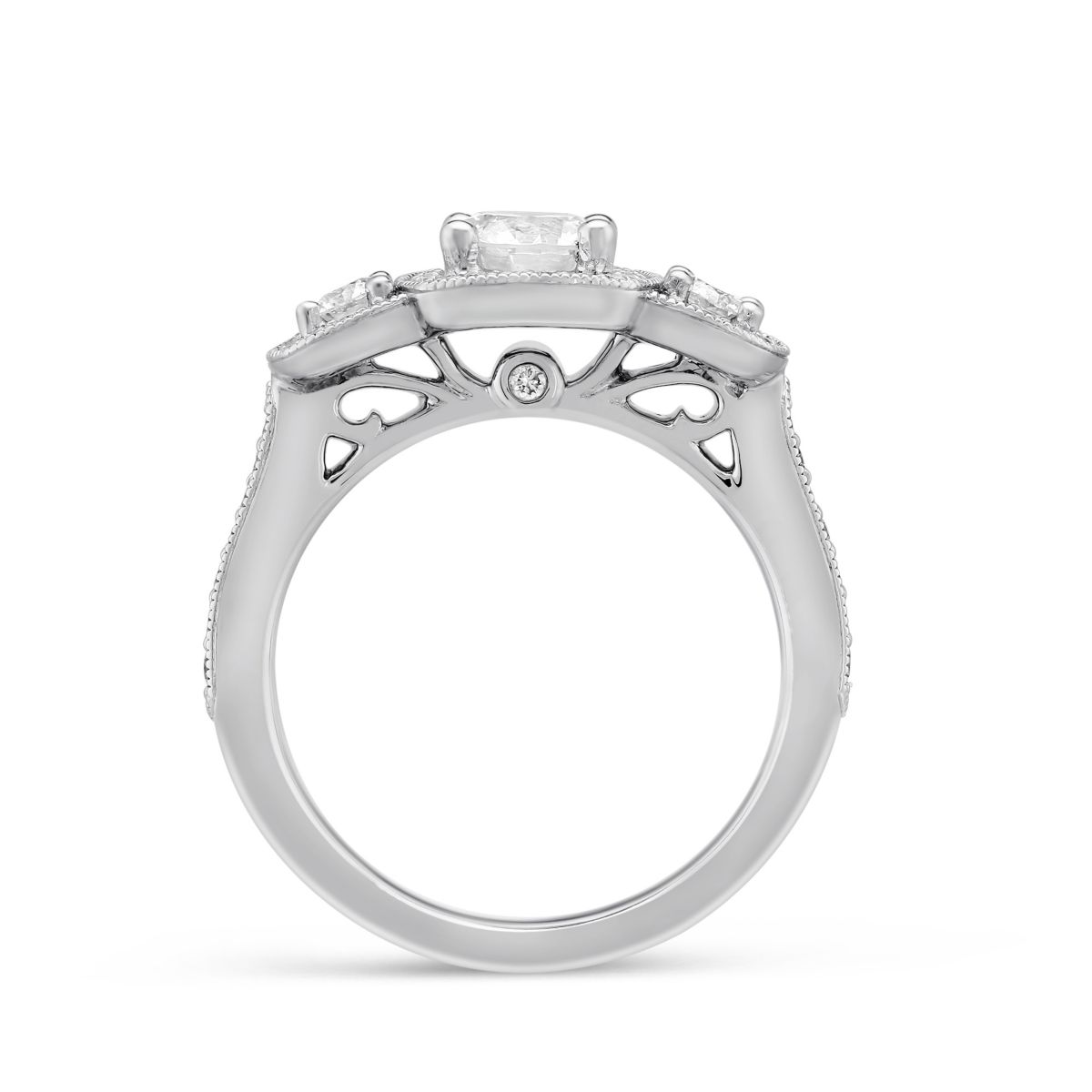 White Gold Diamond 3 Stone Milgrain Cushion Halo Ring