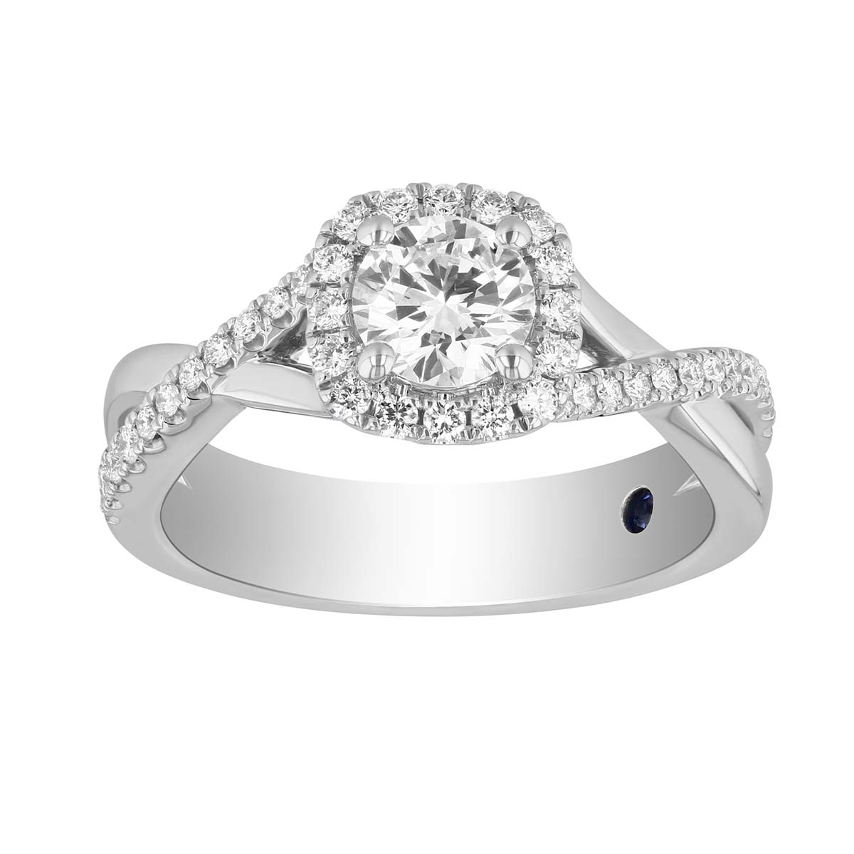 White Gold Round Diamond Halo Ring with Crossover Half Diamond Shank