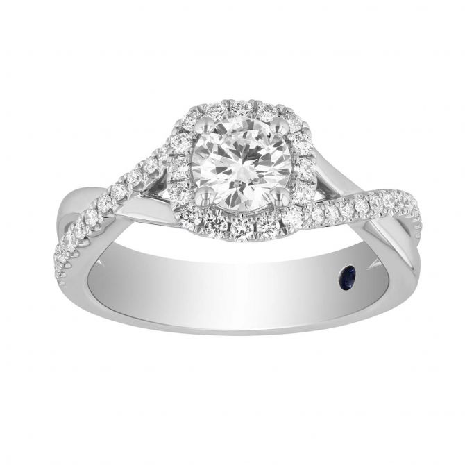 White Gold Round Diamond Halo Ring with Crossover Half Diamond Shank