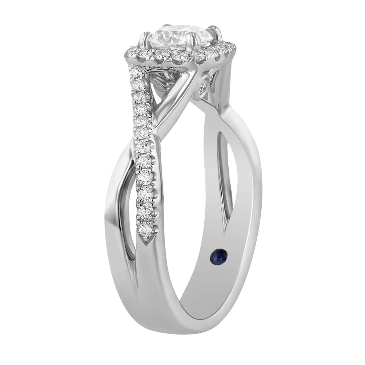 White Gold Round Diamond Halo Ring with Crossover Half Diamond Shank