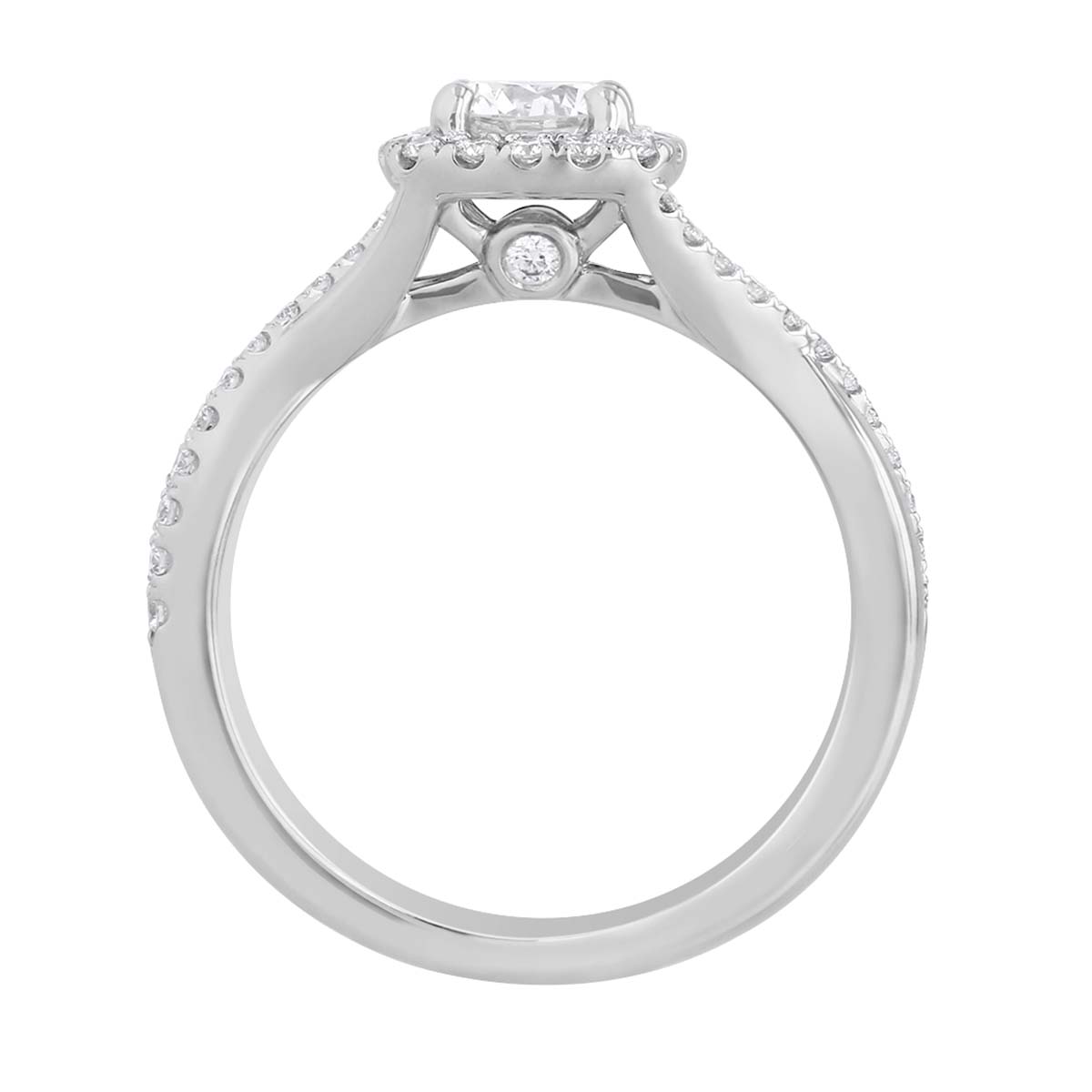 White Gold Round Diamond Halo Ring with Crossover Half Diamond Shank