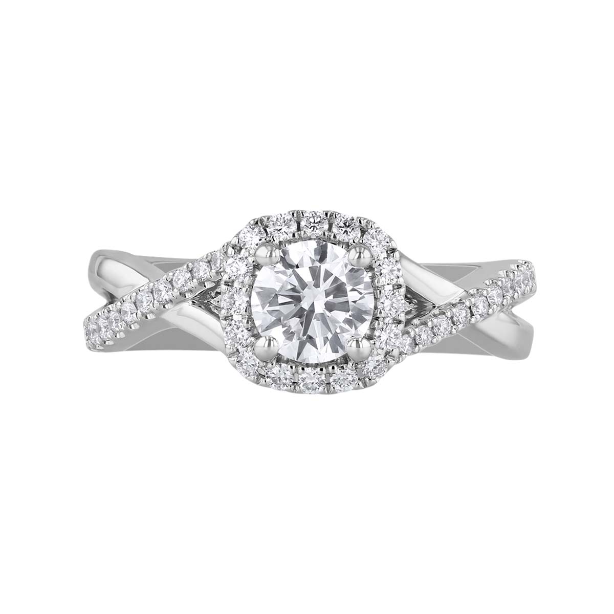 White Gold Round Diamond Halo Ring with Crossover Half Diamond Shank
