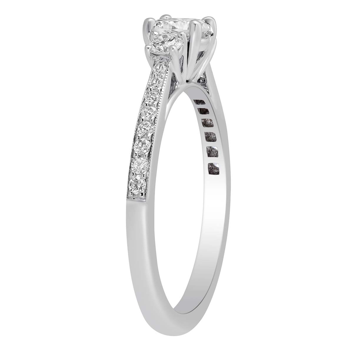 White Gold Diamond 3 Stone Engagement Ring with Diamond Milgrain Shank, 0.98 ct