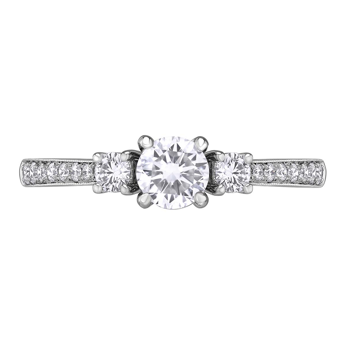 White Gold Diamond 3 Stone Engagement Ring with Diamond Milgrain Shank, 0.98 ct