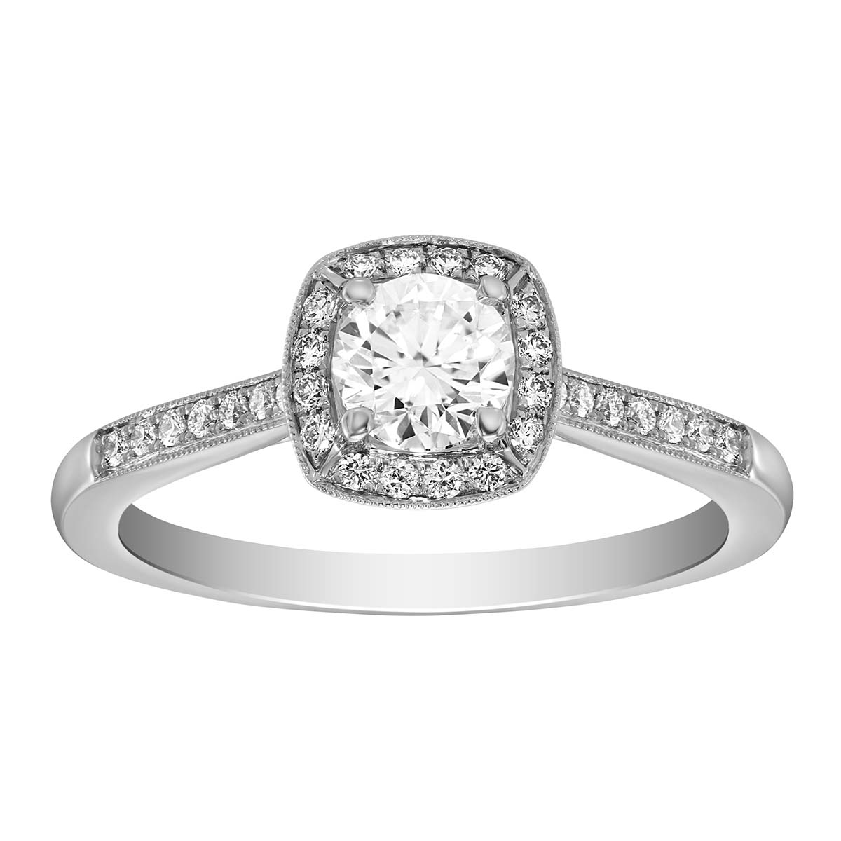14K White Gold Diamond Ring with Milgrain Cushion Halo & Shank