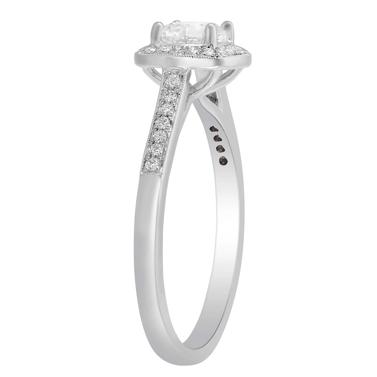 14K White Gold Diamond Ring with Milgrain Cushion Halo & Shank