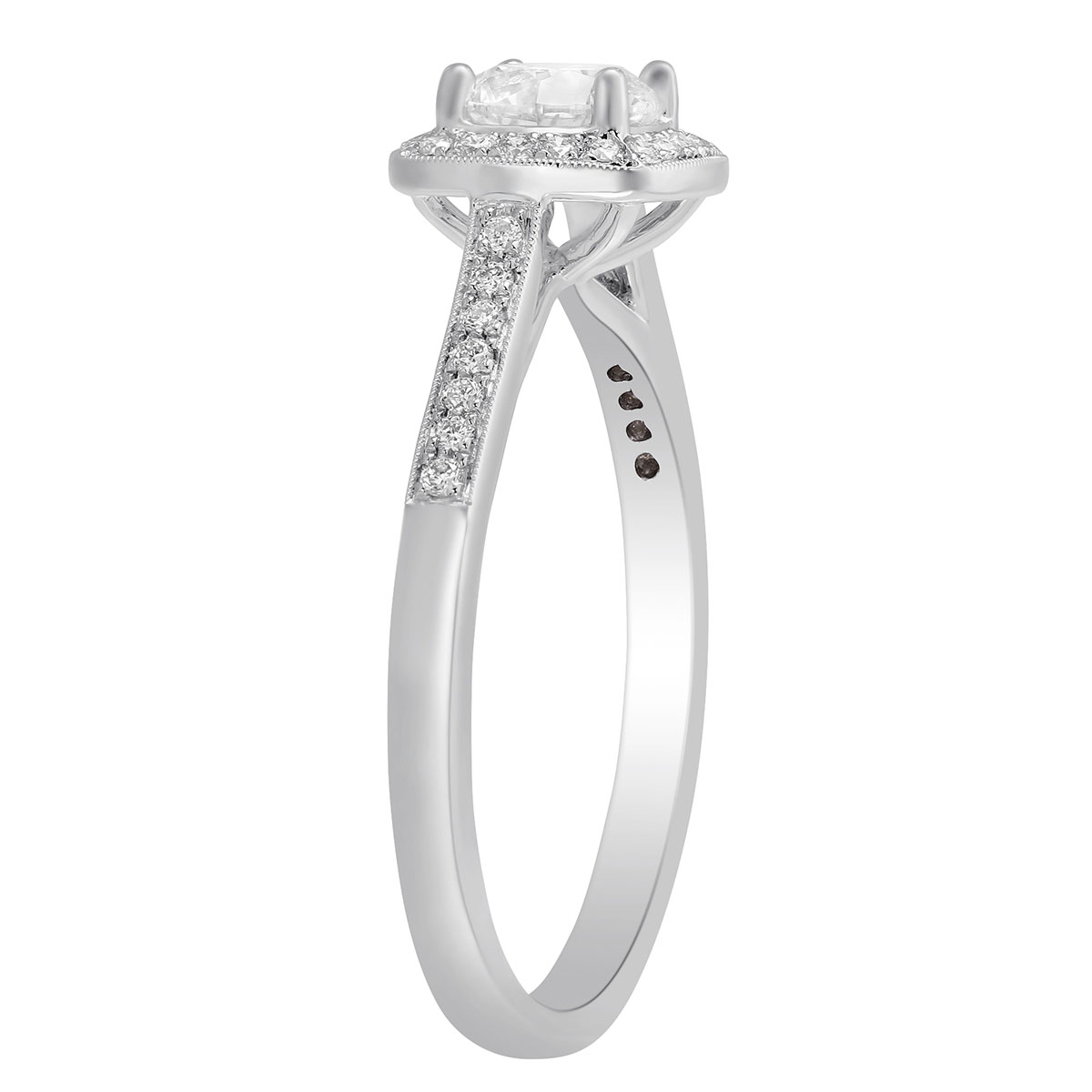 White Gold Diamond Ring with Milgrain Cushion Halo & Shank